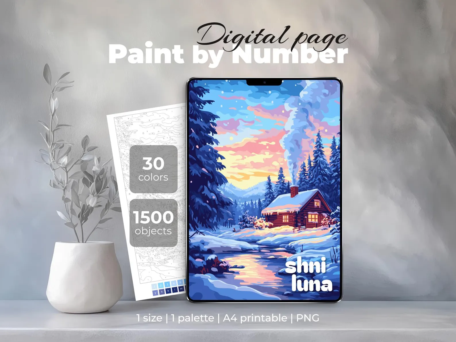 Winter Cabin Paint by Number | Snowy Forest Printable Sheet | Digital Coloring Page iPad & Procreate